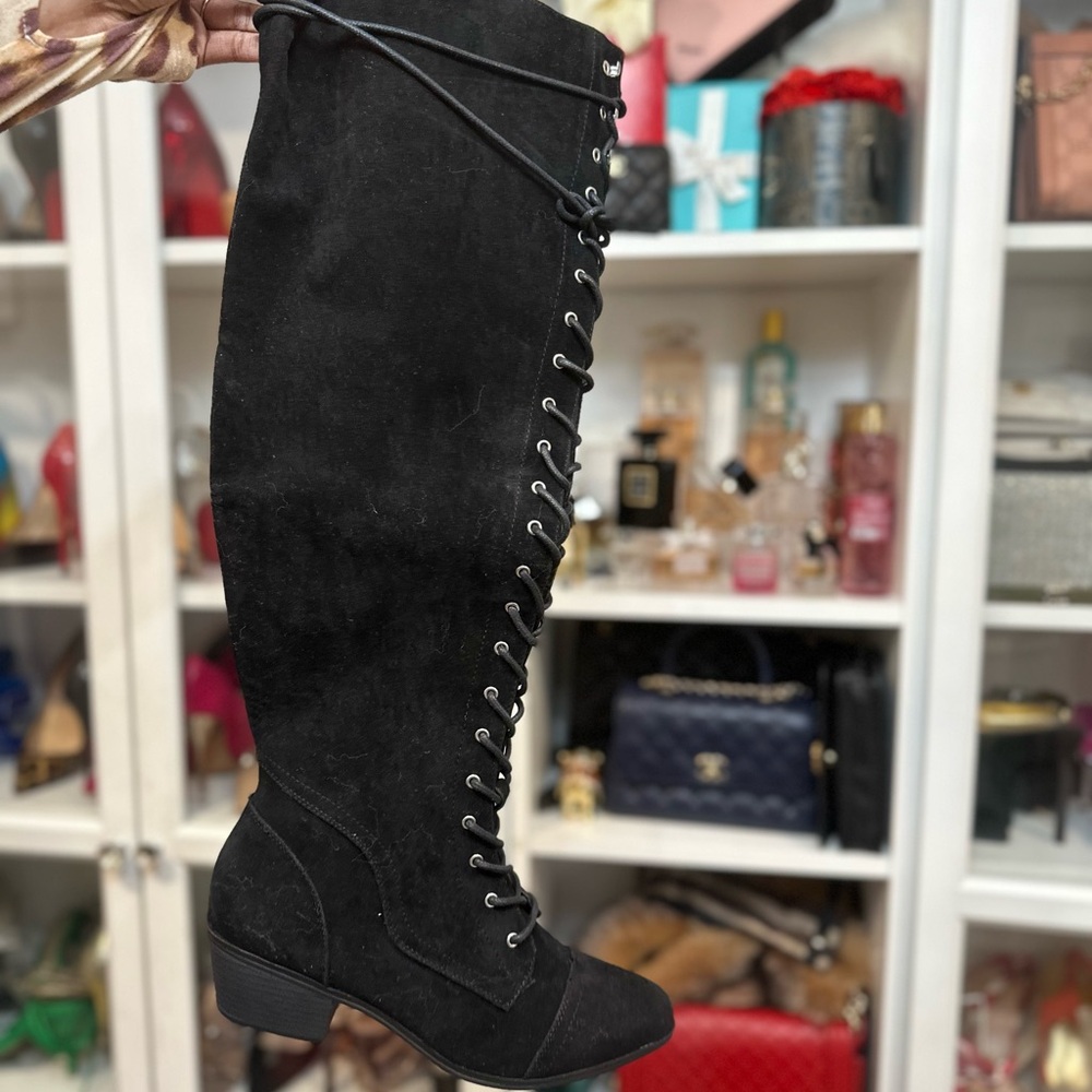 Black Lace-Up Knee-High Boots